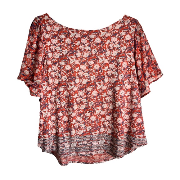 LUCKY BRAND || Floral Blouse with Back Cutout and Flutter Sleeves Large - Picture 8 of 16